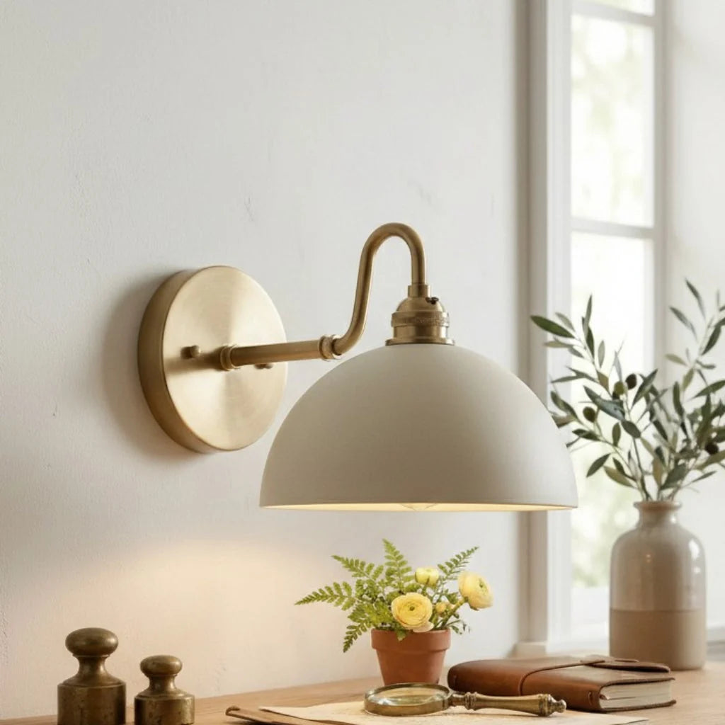 Vintage Wall Light with Brass Arm and Bowl Shade