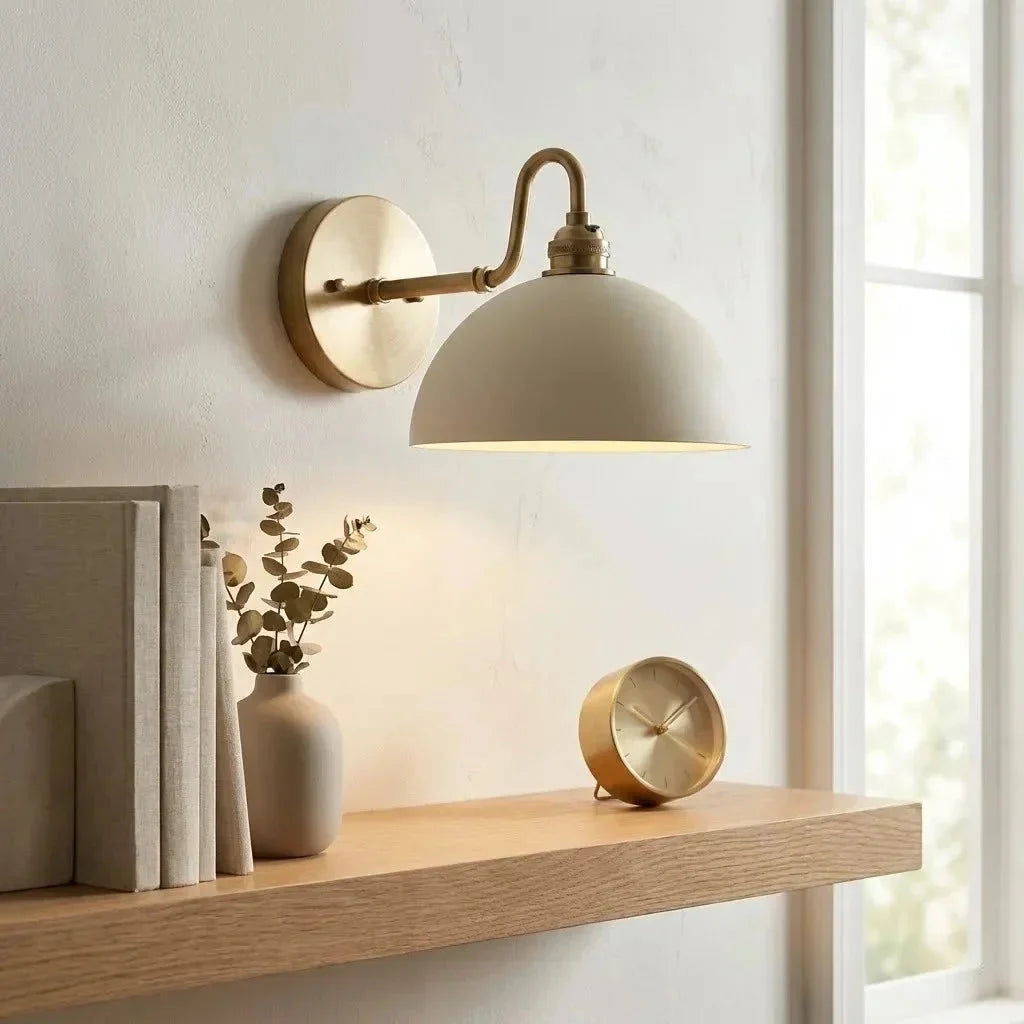 Vintage Wall Light with Brass Arm and Bowl Shade
