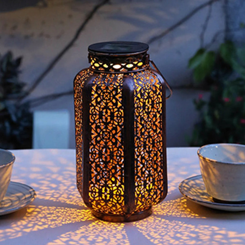 Oriental Solar Garden Lantern with Cut-Out Pattern, Hang or Stand