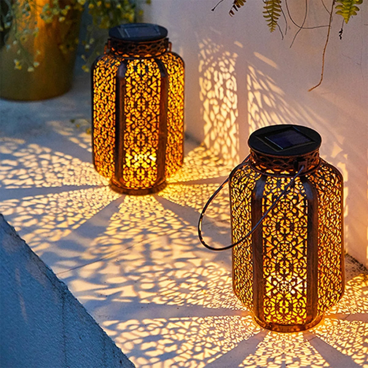 Oriental Solar Garden Lantern with Cut-Out Pattern, Hang or Stand