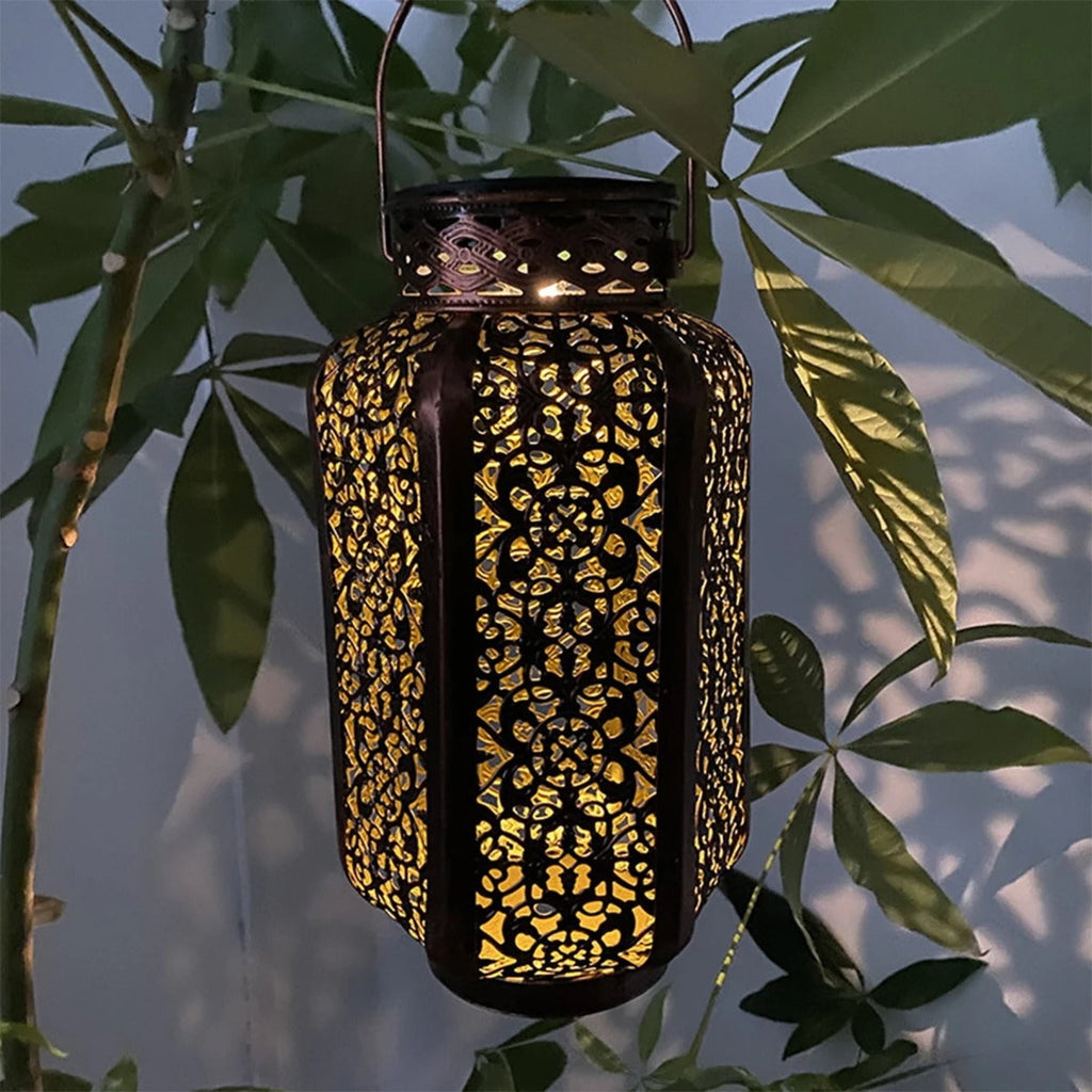 Oriental Solar Garden Lantern with Cut-Out Pattern, Hang or Stand
