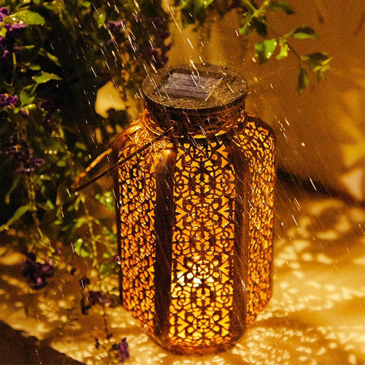 Oriental Solar Garden Lantern with Cut-Out Pattern, Hang or Stand