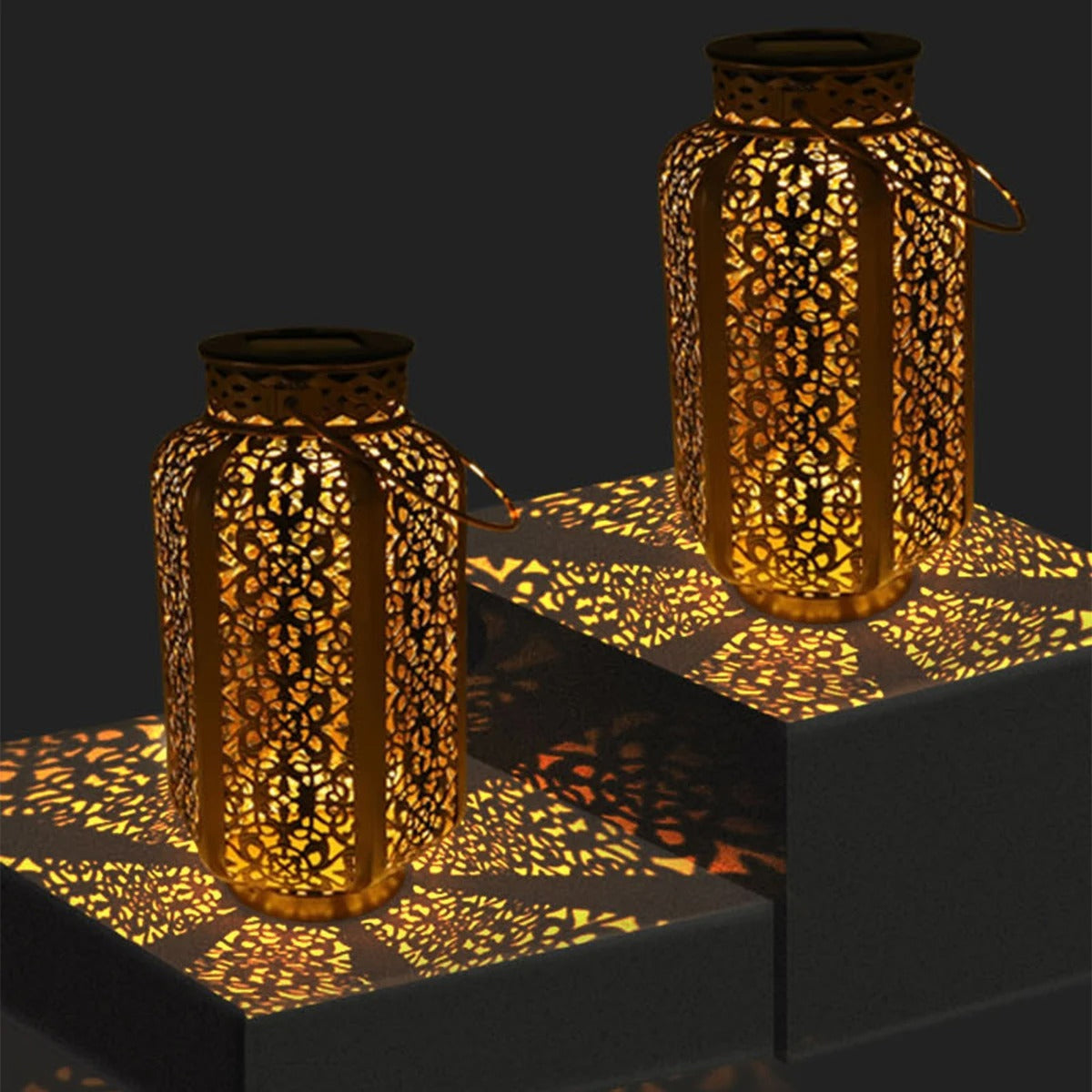 Oriental Solar Garden Lantern with Cut-Out Pattern, Hang or Stand