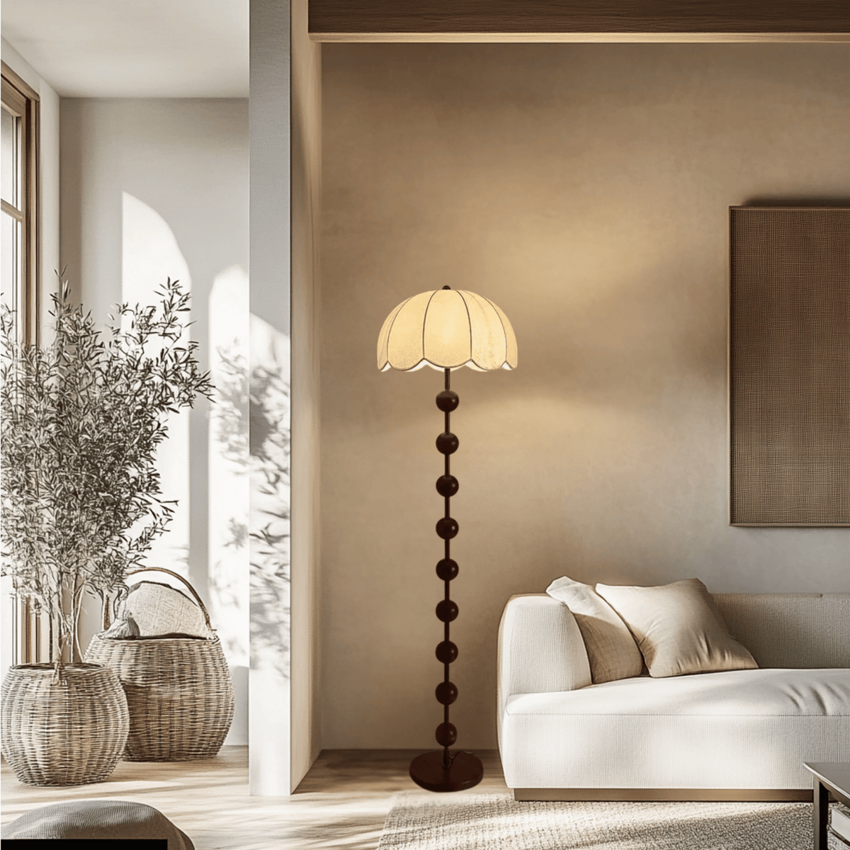 Retro Flower Shade Lamp with Wooden Ball Column, Floor or Table