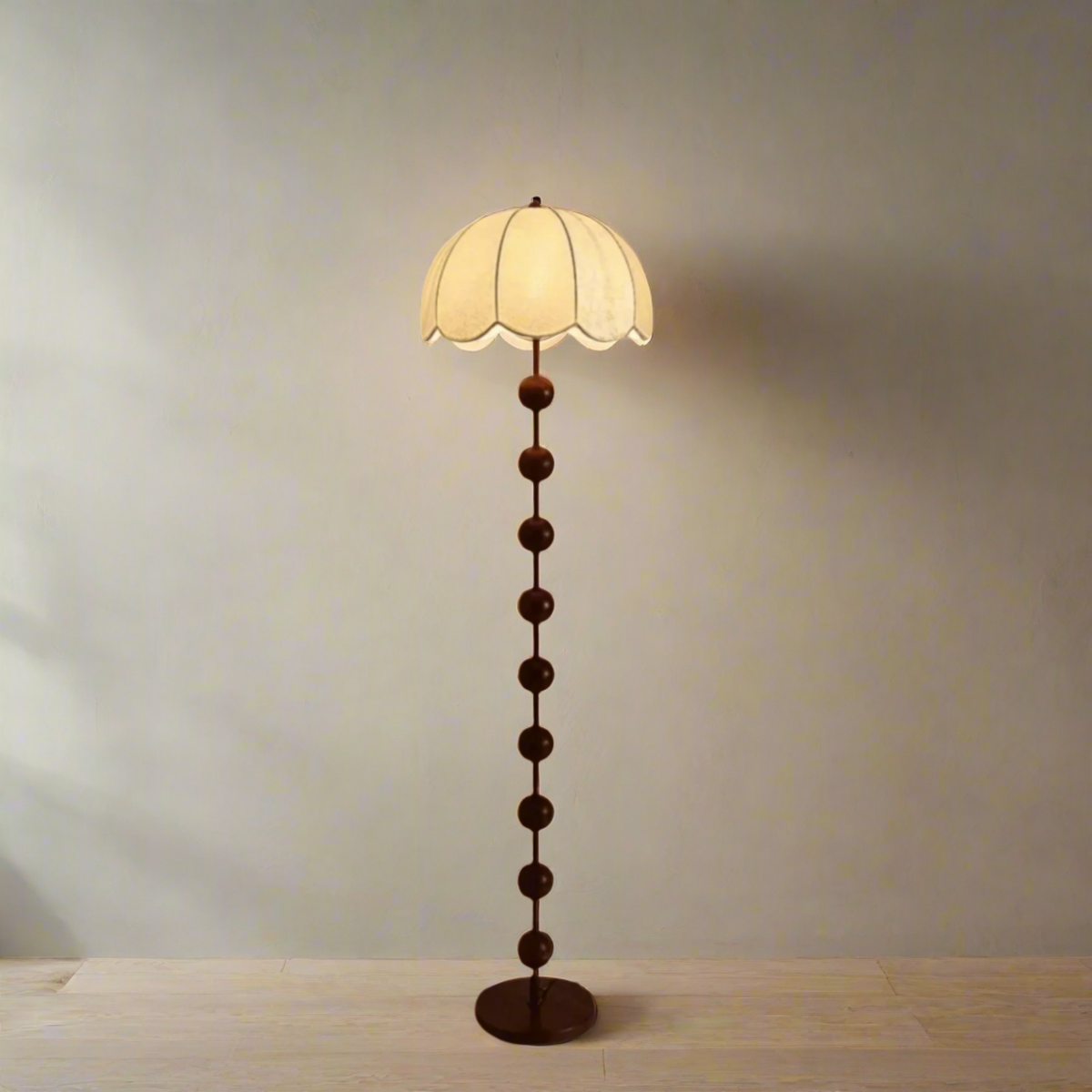 Retro Flower Shade Lamp with Wooden Ball Column, Floor or Table