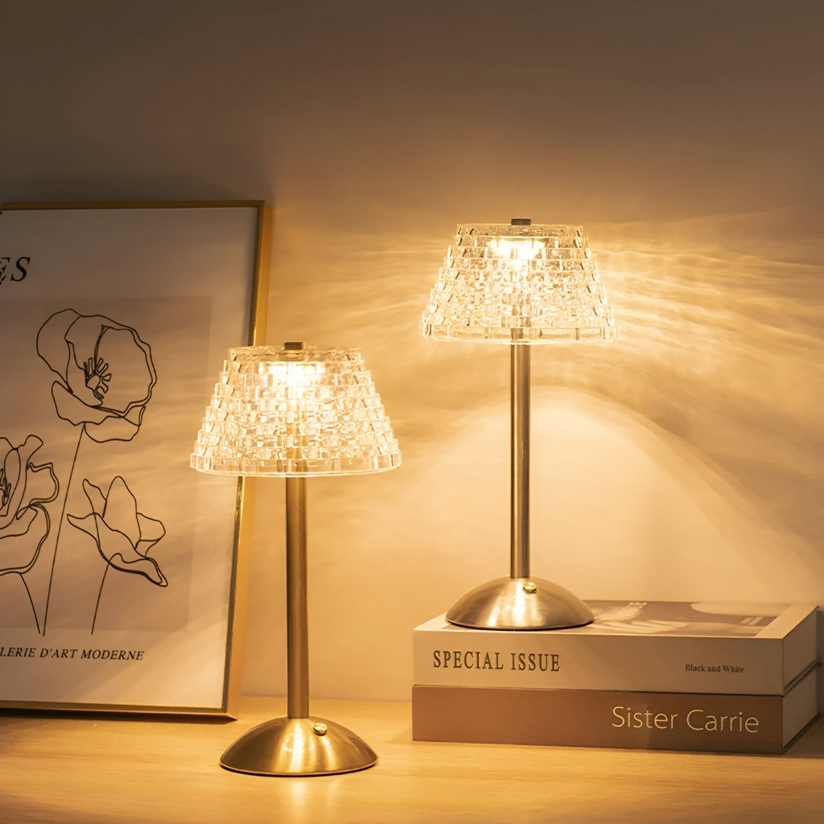 Cordless Art Deco Table Lamp with Crystal Glass Shade