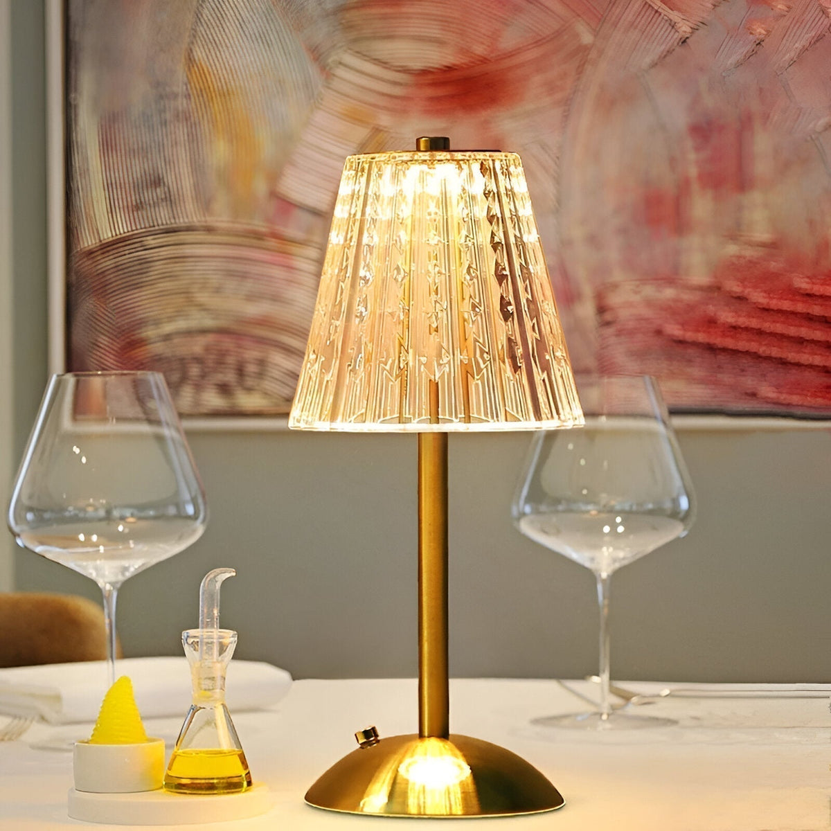 Cordless Art Deco Table Lamp with Crystal Glass Shade