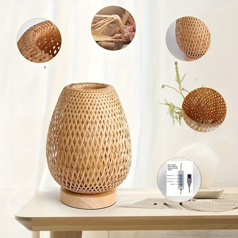 Boho Bamboo Table Lamp with Touch Dimmer, USB Powered