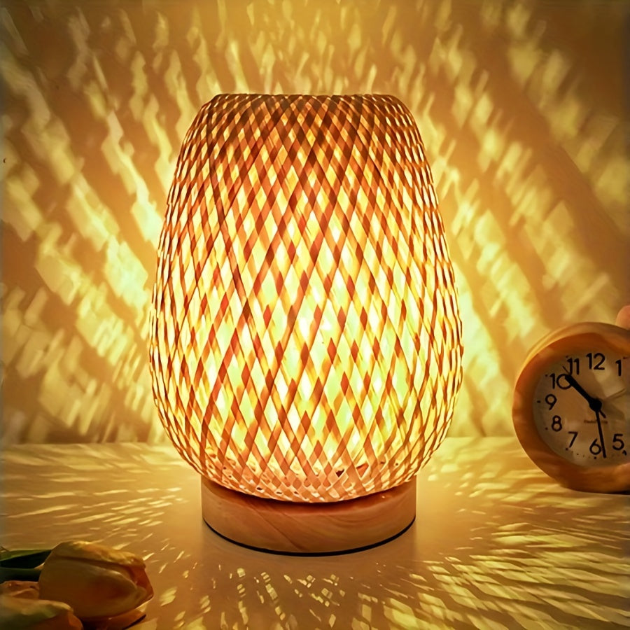 Boho Bamboo Table Lamp with Touch Dimmer, USB Powered