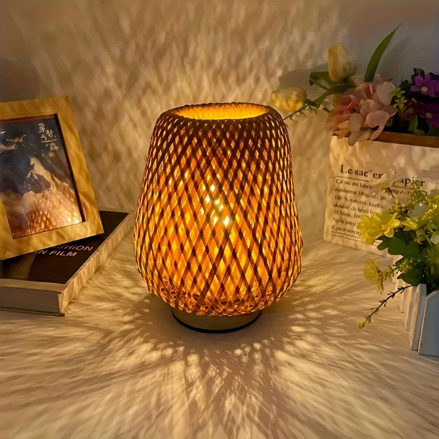 Boho Bamboo Table Lamp with Touch Dimmer, USB Powered