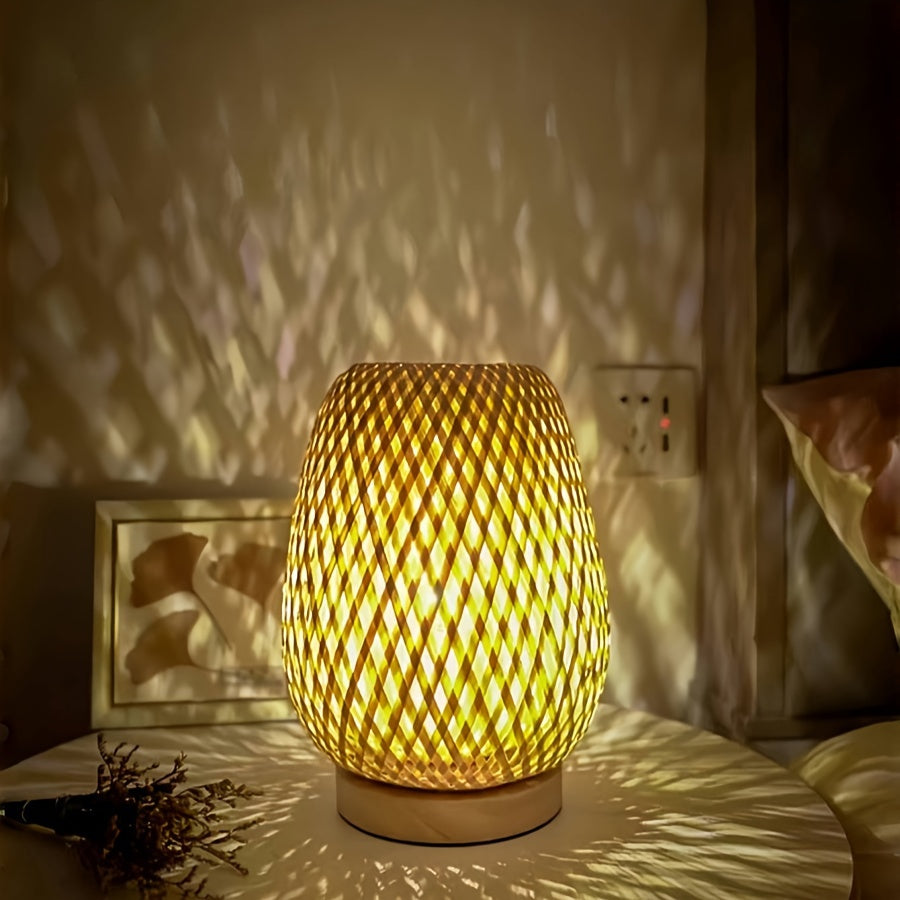 Boho Bamboo Table Lamp with Touch Dimmer, USB Powered