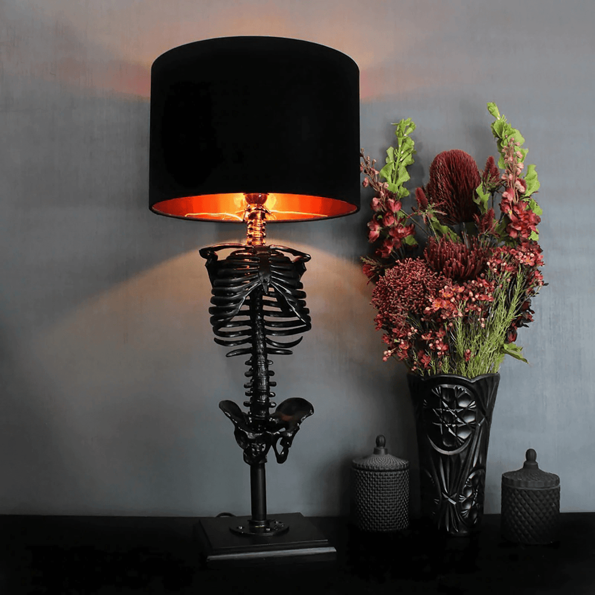 Gothic Skeleton Table Lamp with Black Drum Shade