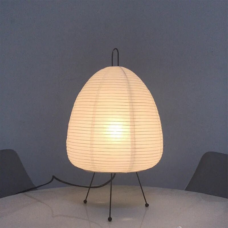 Japandi Rice Paper Table Lamp on Black Metal Tripod