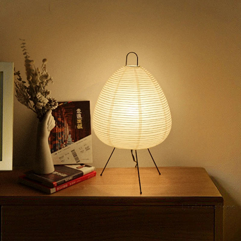 Japandi Rice Paper Table Lamp on Black Metal Tripod