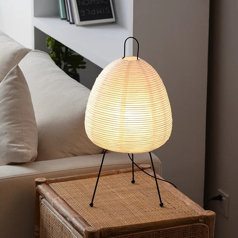 Japandi Rice Paper Table Lamp on Black Metal Tripod
