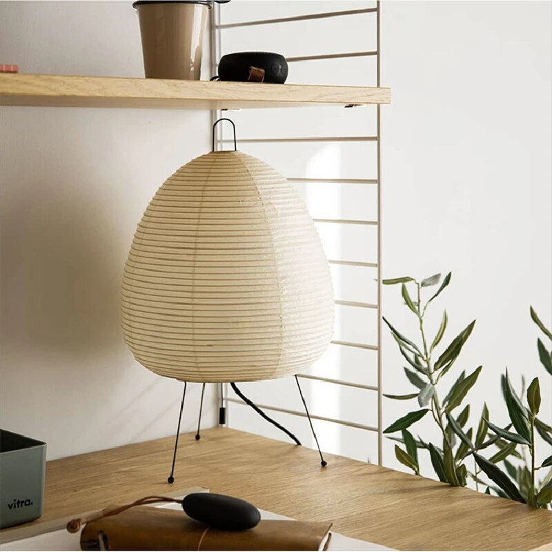 Japandi Rice Paper Table Lamp on Black Metal Tripod