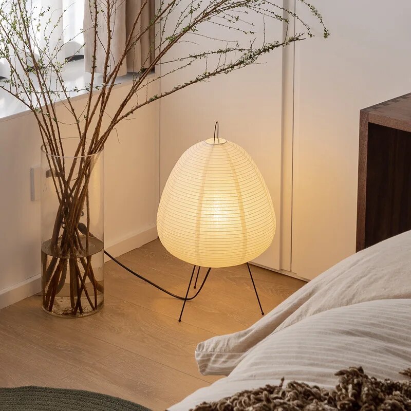 Japandi Rice Paper Table Lamp on Black Metal Tripod