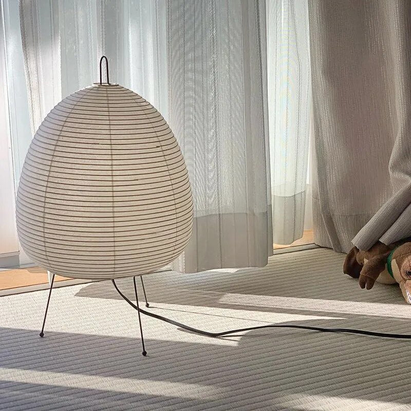 Japandi Rice Paper Table Lamp on Black Metal Tripod