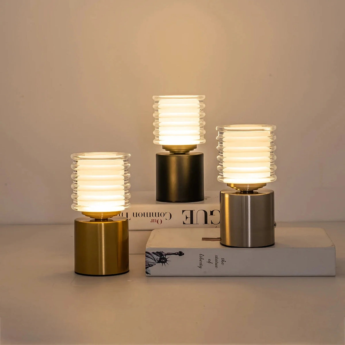 Cordless Table Lamp with Touch Dimmer and Ribbed Shade