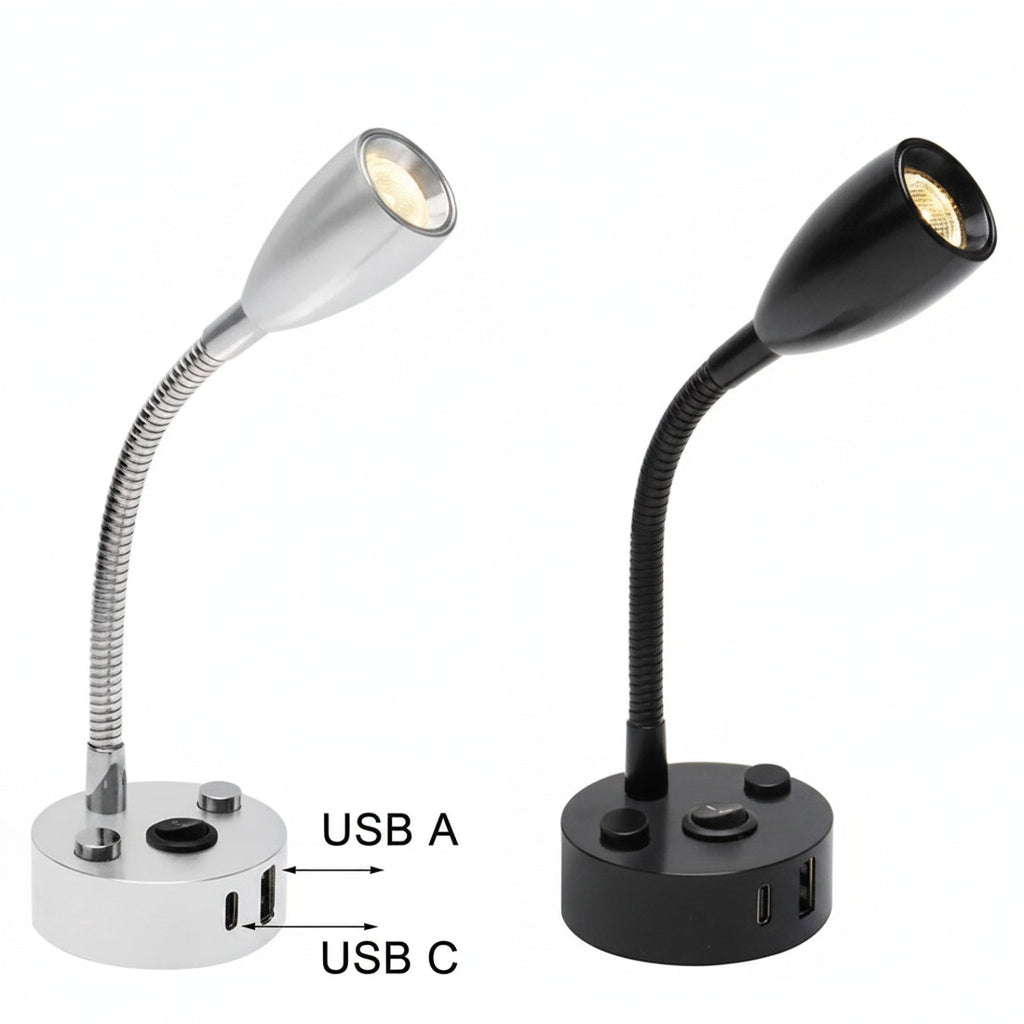 Gooseneck LED Reading Light with USB A and USB C, 12-24V