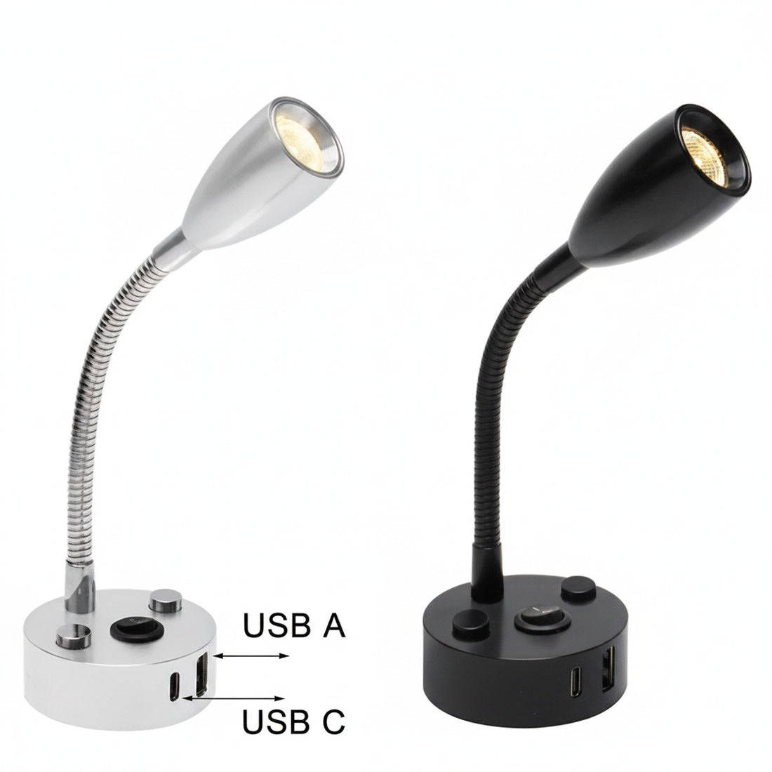 Gooseneck LED Reading Light with USB A and USB C, 12-24V