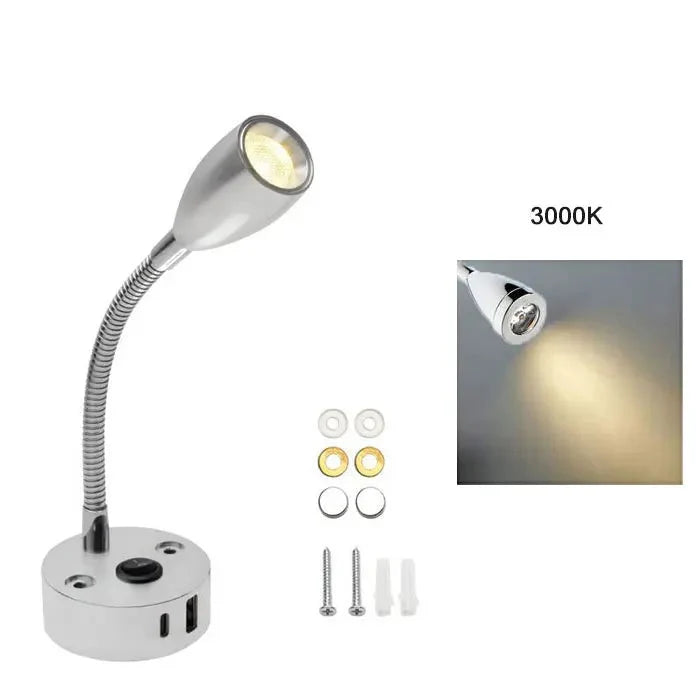 Gooseneck LED Reading Light with USB A and USB C, 12-24V