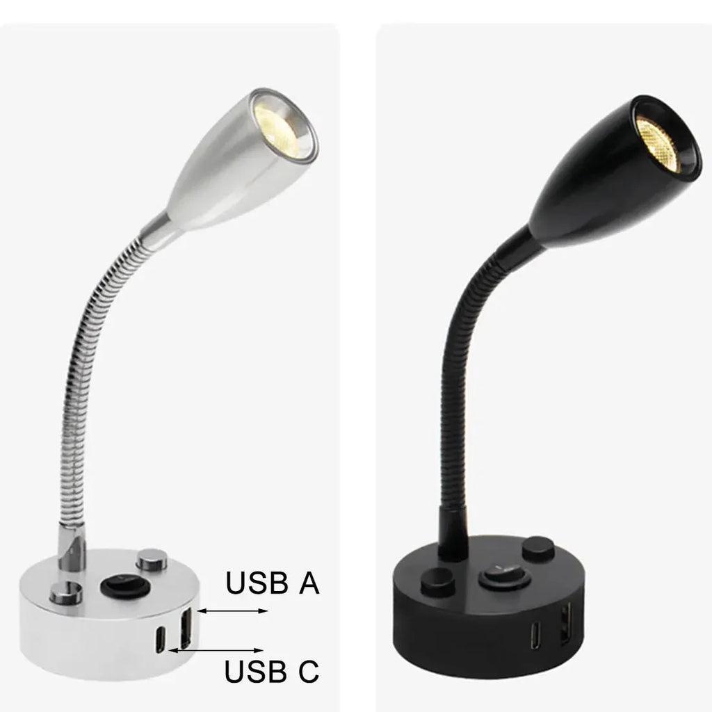 Gooseneck LED Reading Light with USB A and USB C, 12-24V