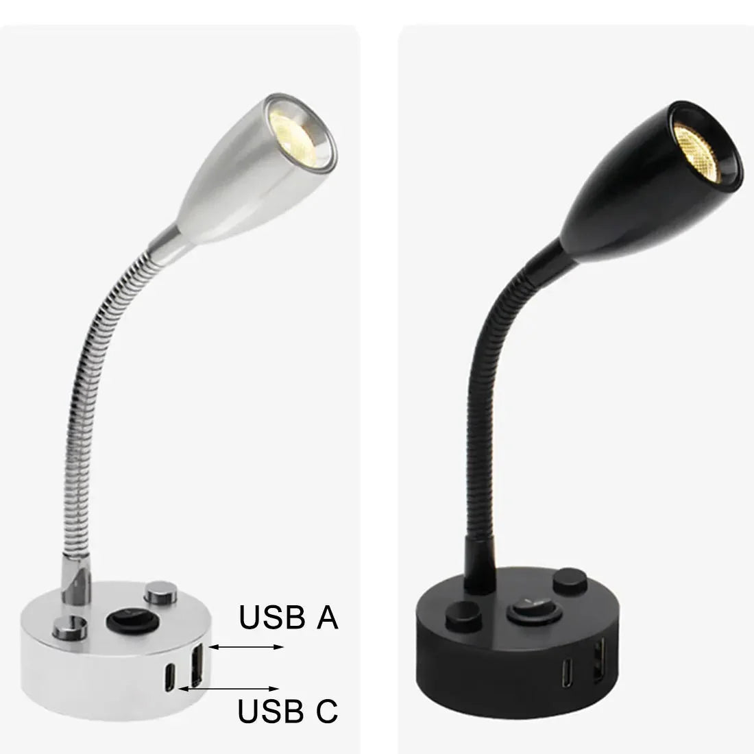 Gooseneck LED Reading Light with USB A and USB C, 12-24V