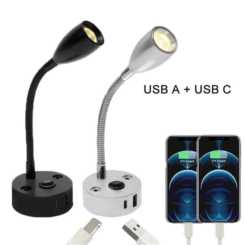 Gooseneck LED Reading Light with USB A and USB C, 12-24V