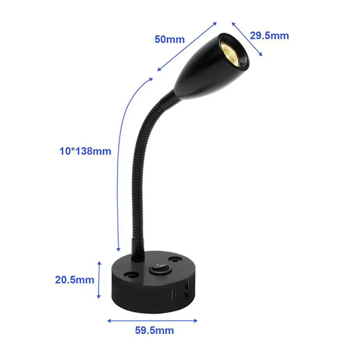 Gooseneck LED Reading Light with USB A and USB C, 12-24V