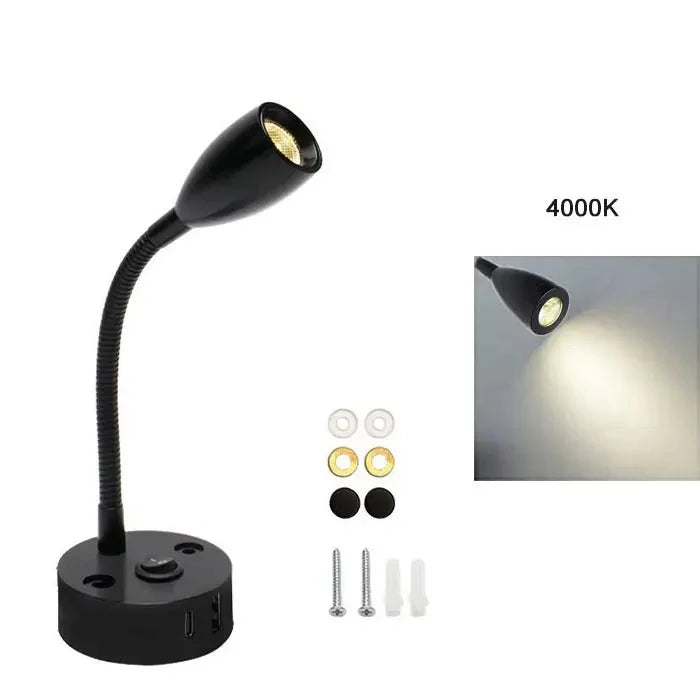 Gooseneck LED Reading Light with USB A and USB C, 12-24V