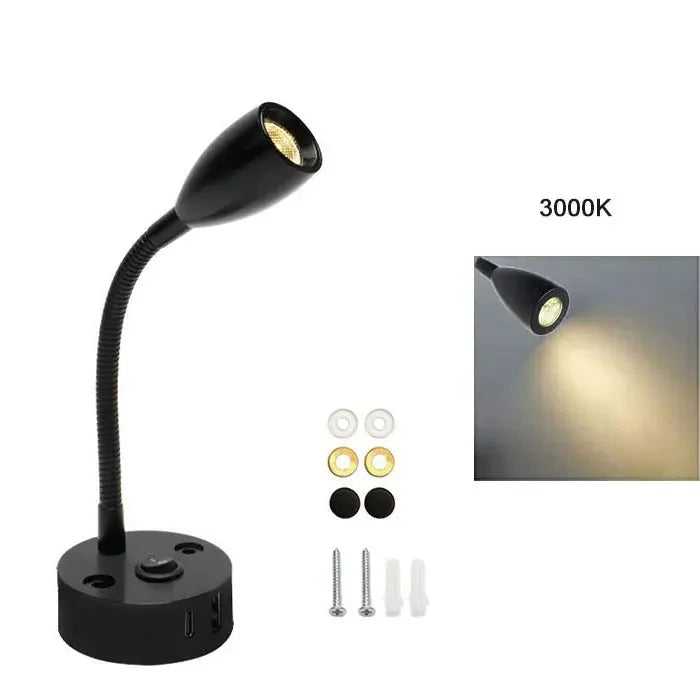 Gooseneck LED Reading Light with USB A and USB C, 12-24V