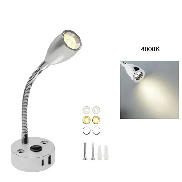 Gooseneck LED Reading Light with USB A and USB C, 12-24V