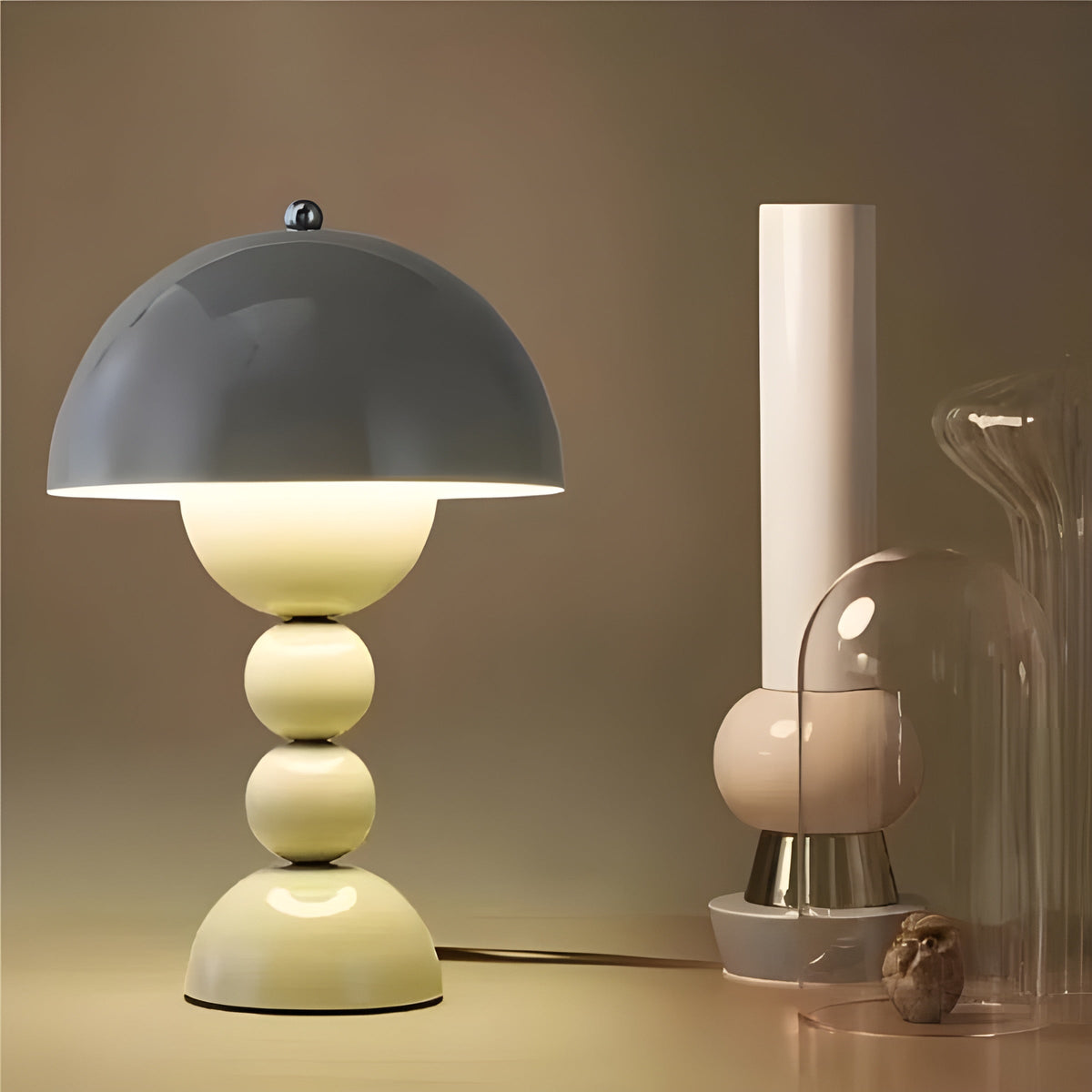 Retro Dome Shade Table Lamp with Stacked Ball Base, Dimmable