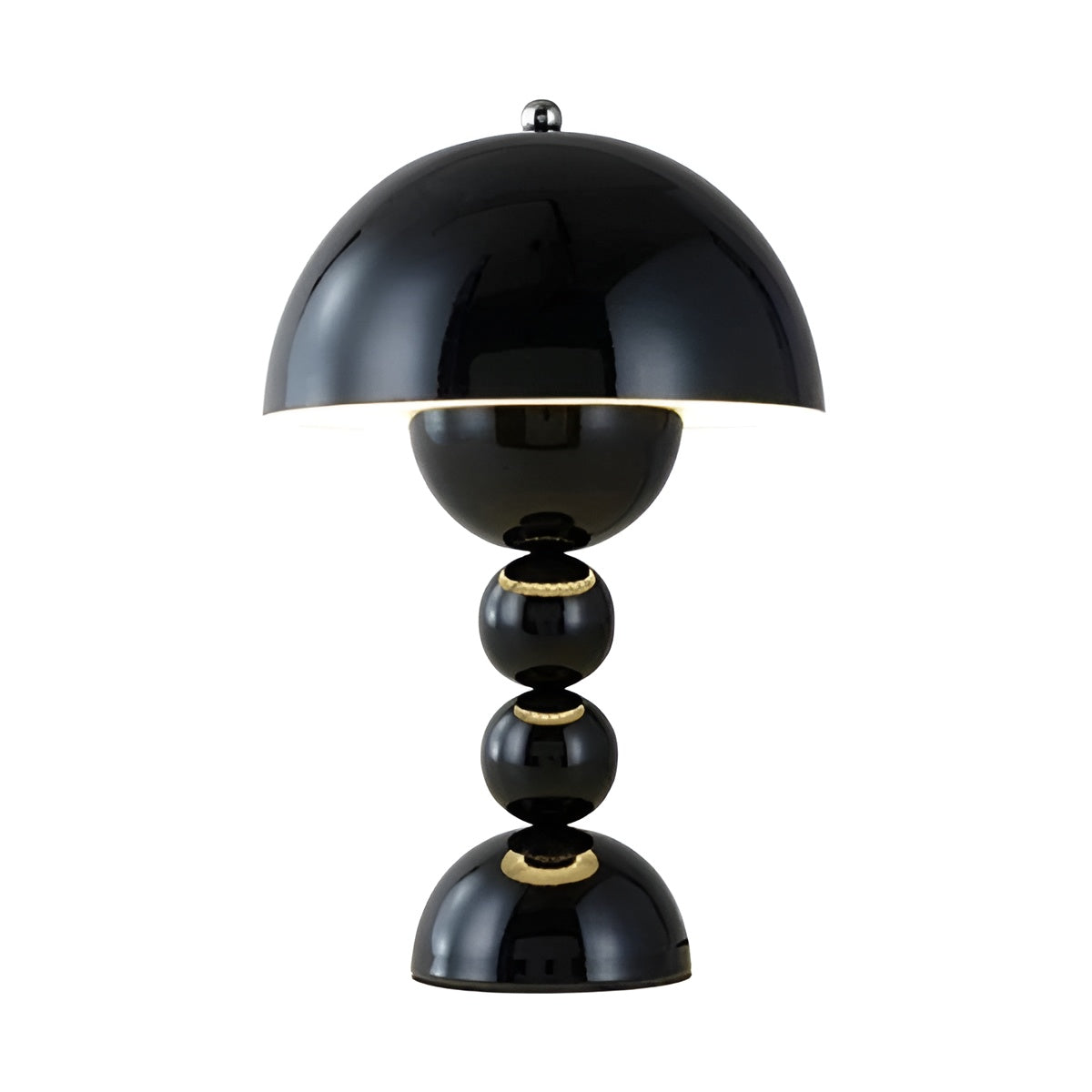 Lampa stołowa z abażurem w kształcie kopuły i podstawą z ułożonych na sobie kulek, z regulacją natężenia światła