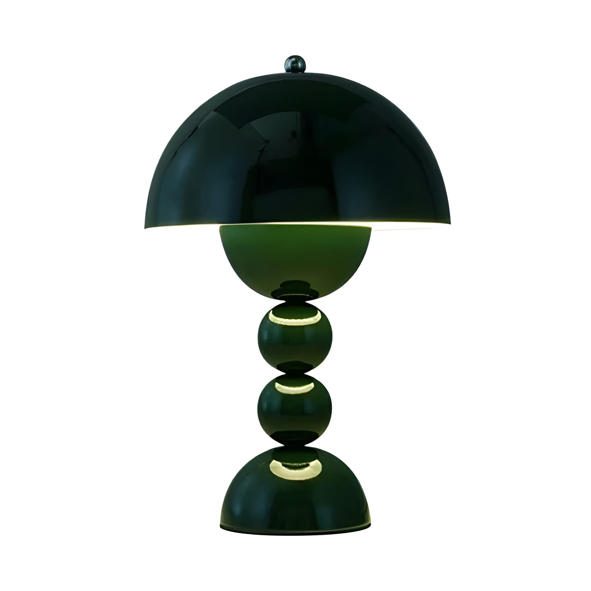 Lampa stołowa z abażurem w kształcie kopuły i podstawą z ułożonych na sobie kulek, z regulacją natężenia światła