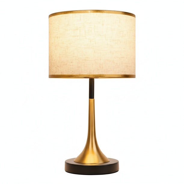 Retro Table Lamp with Woven Shade and Gold Trumpet Base