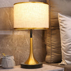 Retro Table Lamp with Woven Shade and Gold Trumpet Base
