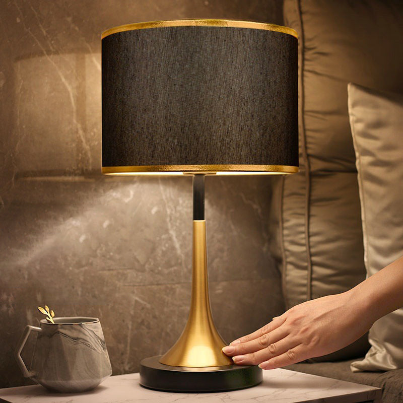 Retro Table Lamp with Woven Shade and Gold Trumpet Base