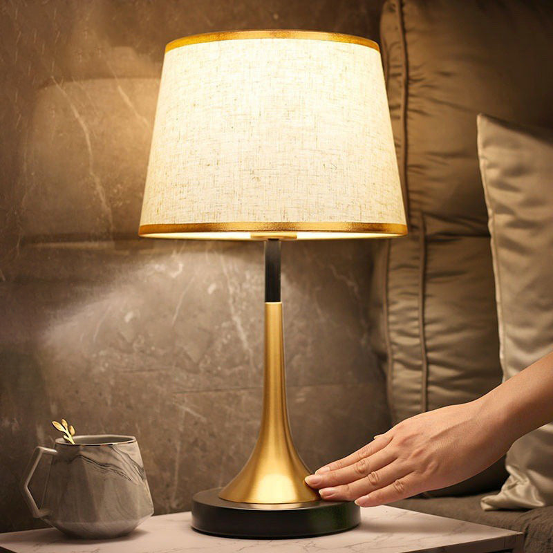 Retro Table Lamp with Woven Shade and Gold Trumpet Base