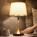 Retro Table Lamp with Woven Shade and Gold Trumpet Base