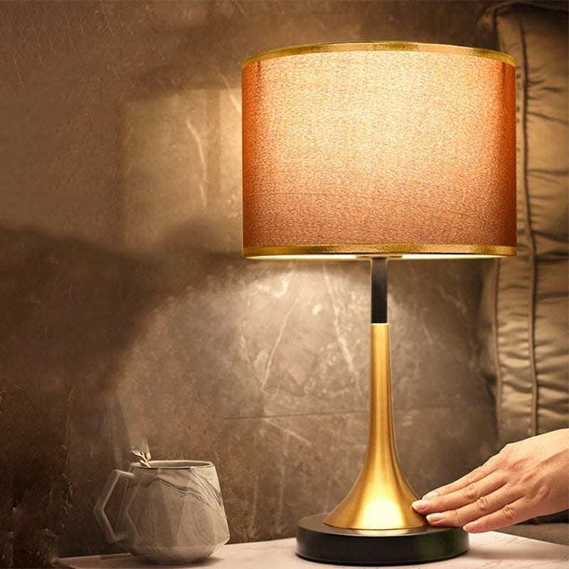 Retro Table Lamp with Woven Shade and Gold Trumpet Base