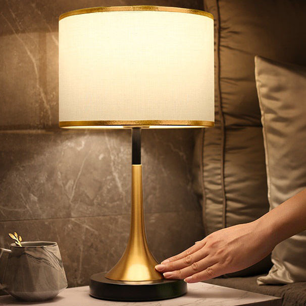 Retro Table Lamp with Woven Shade and Gold Trumpet Base