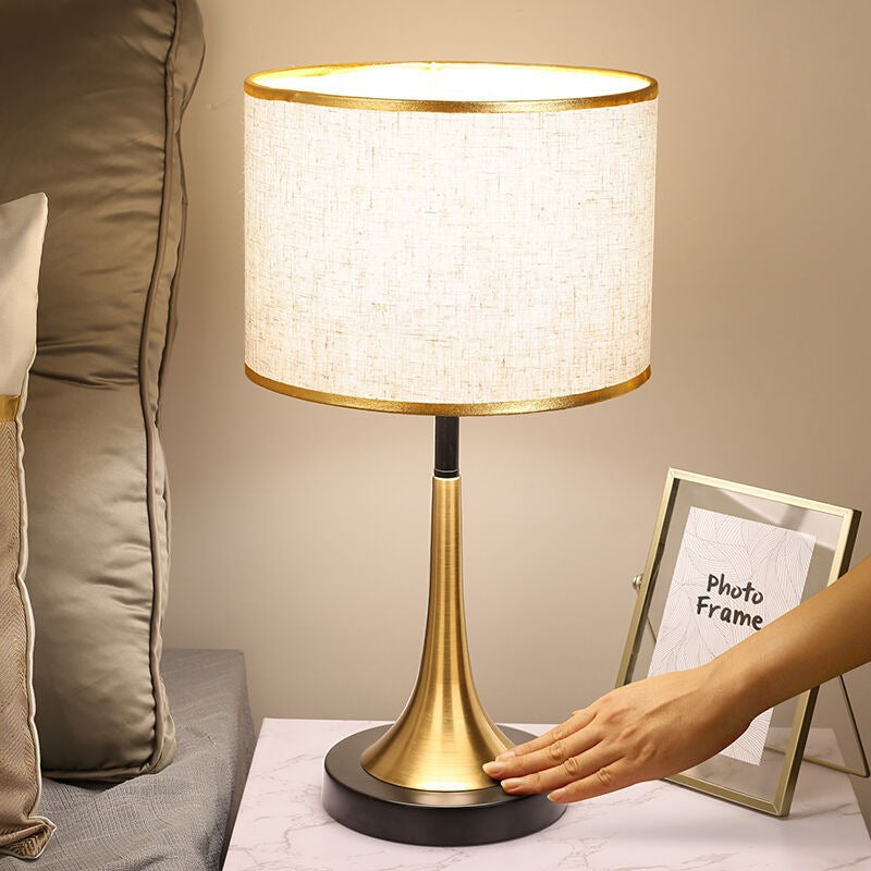 Retro Table Lamp with Woven Shade and Gold Trumpet Base