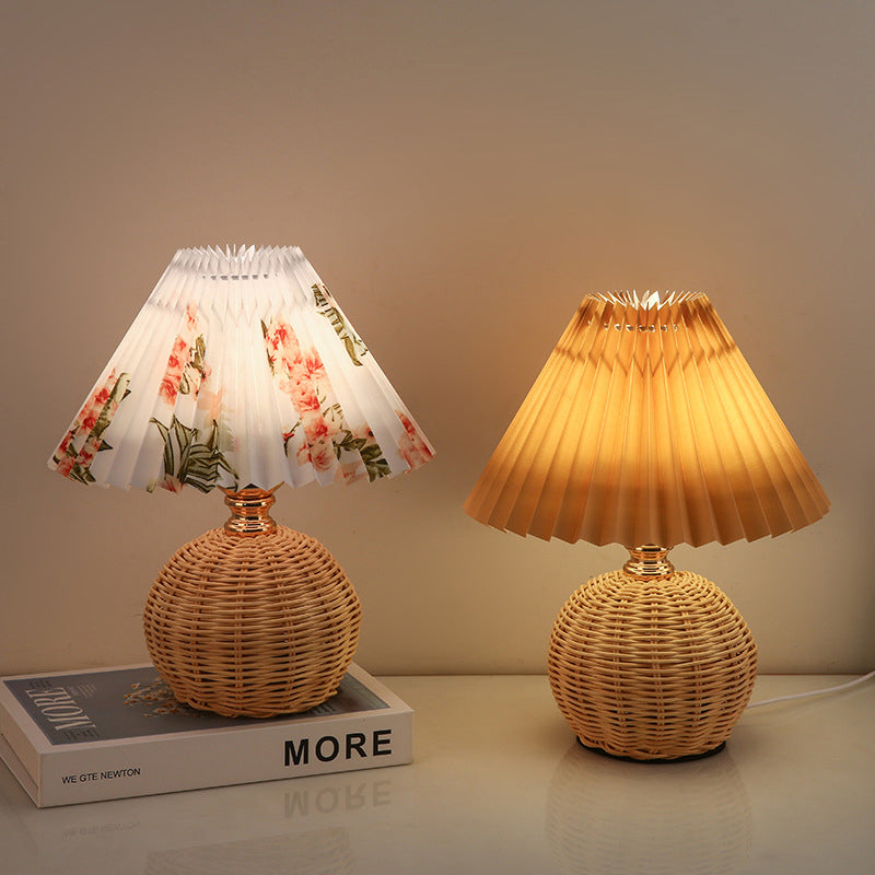 Scandi Rattan Table Lamp with Pleated Fabric Shade