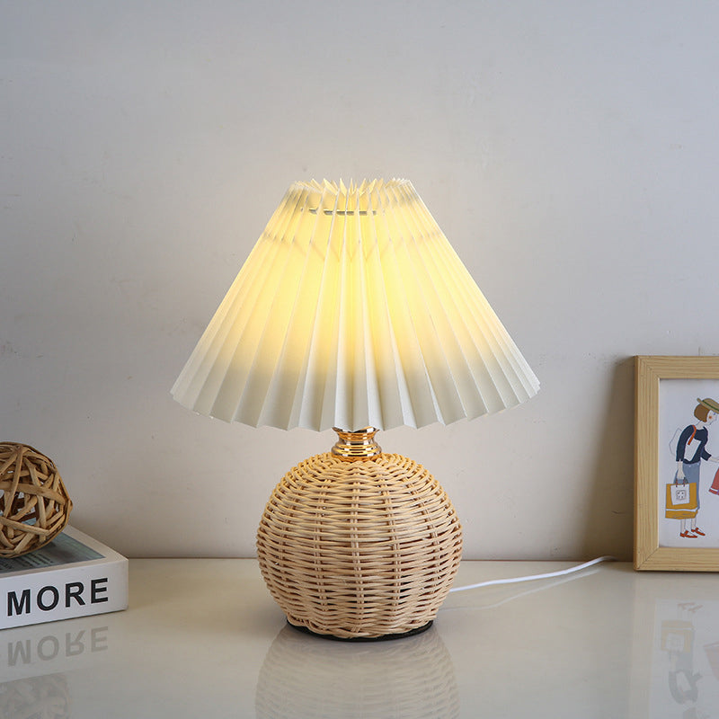 Scandi Rattan Table Lamp with Pleated Fabric Shade