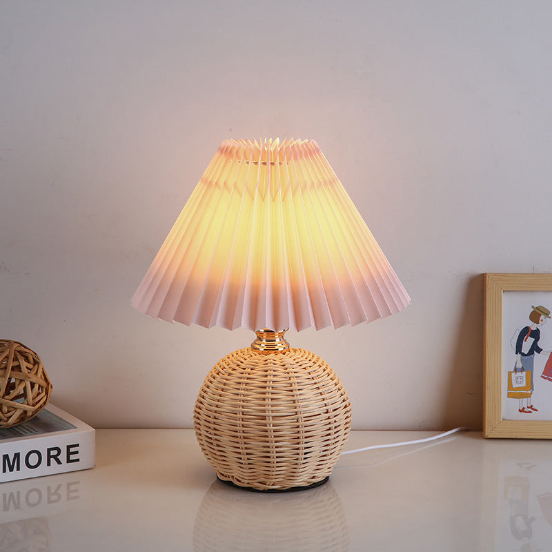 Scandi Rattan Table Lamp with Pleated Fabric Shade