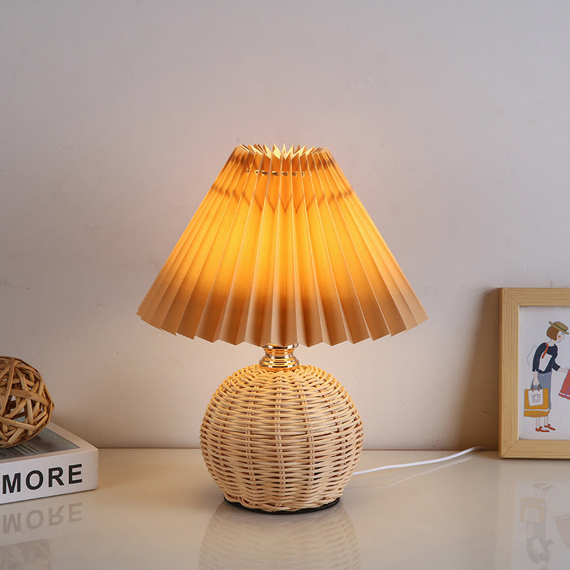 Scandi Rattan Table Lamp with Pleated Fabric Shade