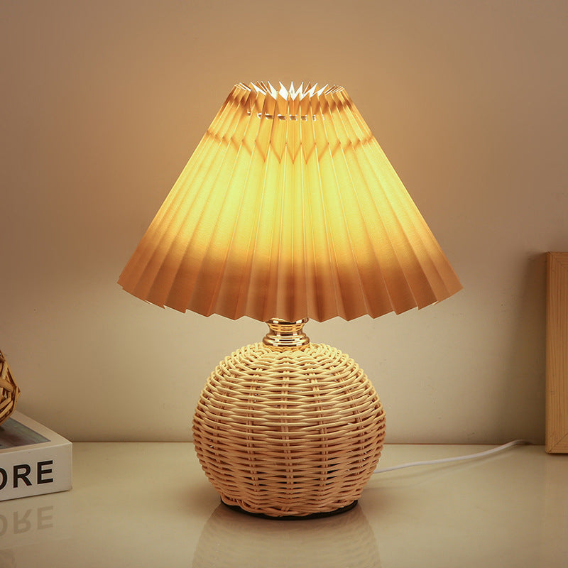 Scandi Rattan Table Lamp with Pleated Fabric Shade