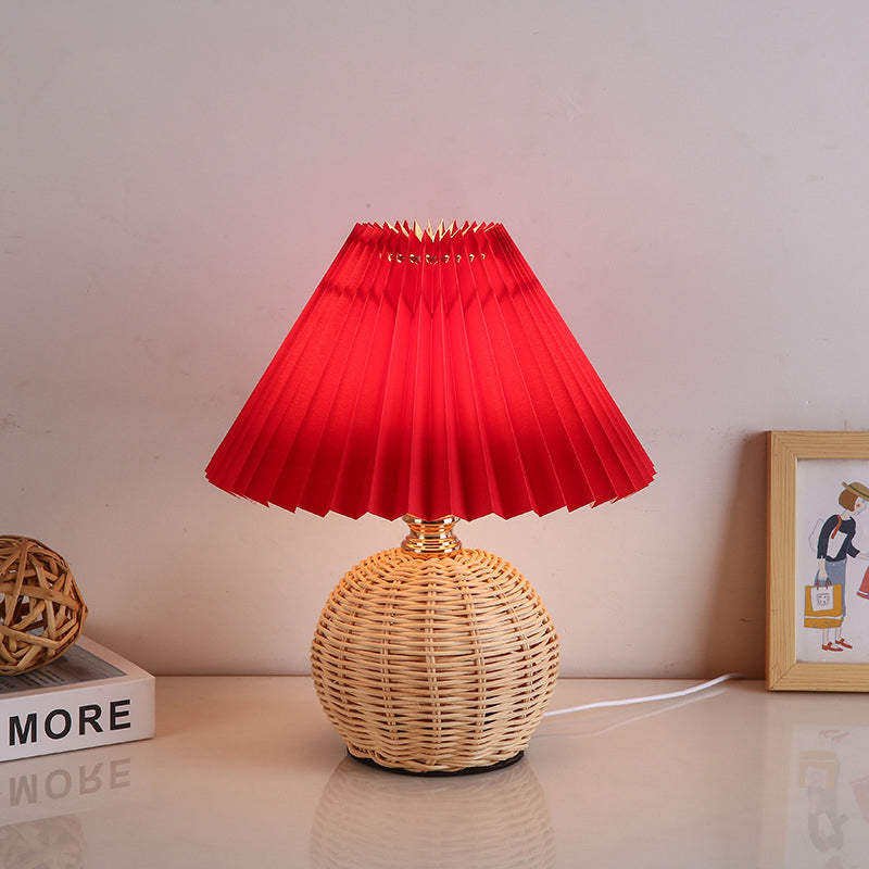 Scandi Rattan Table Lamp with Pleated Fabric Shade